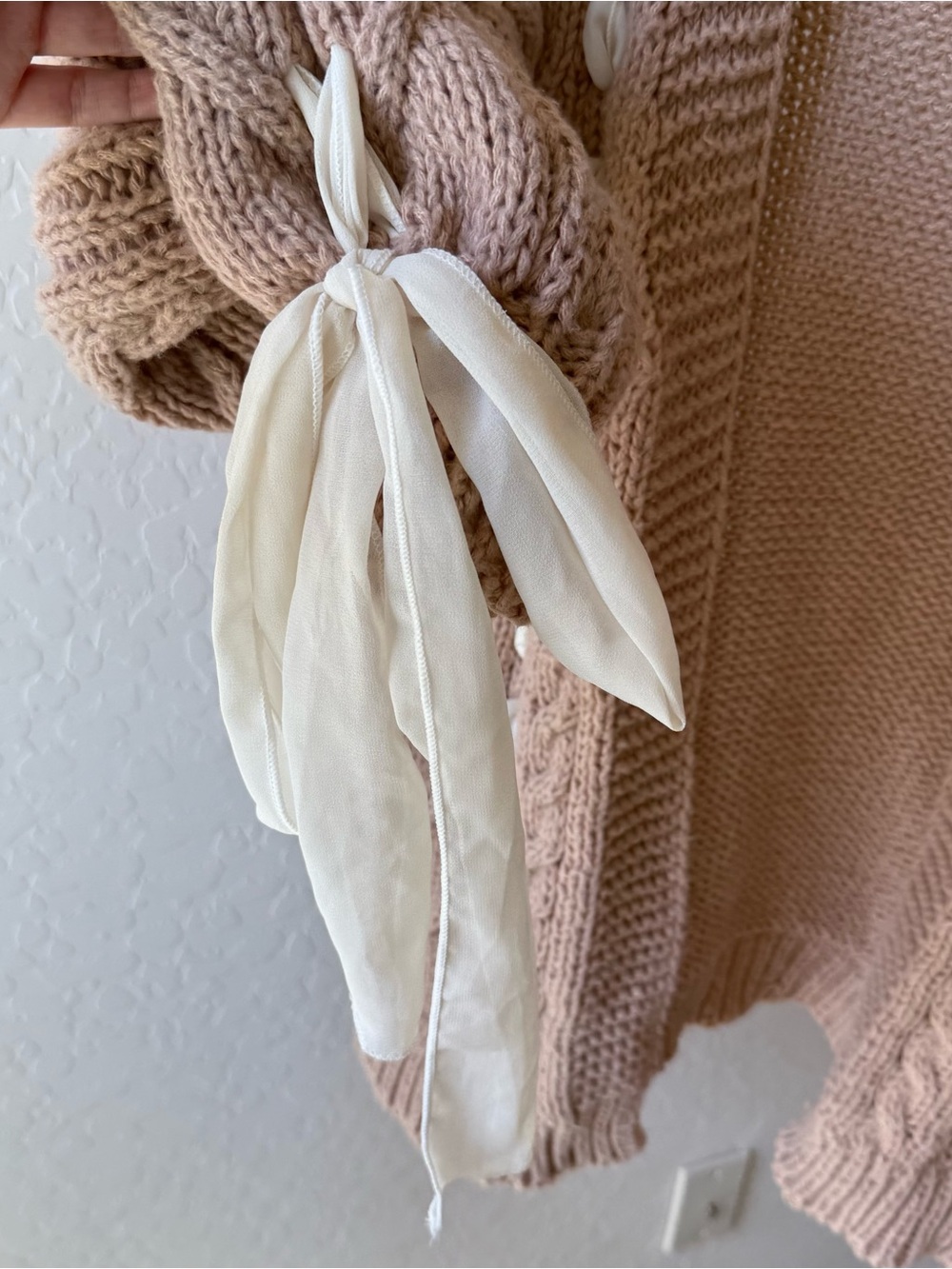 Altar'd State Callia Ribbon Chunky Cable Knit Cardigan in Taupe and Ivory - Picture 7 of 9